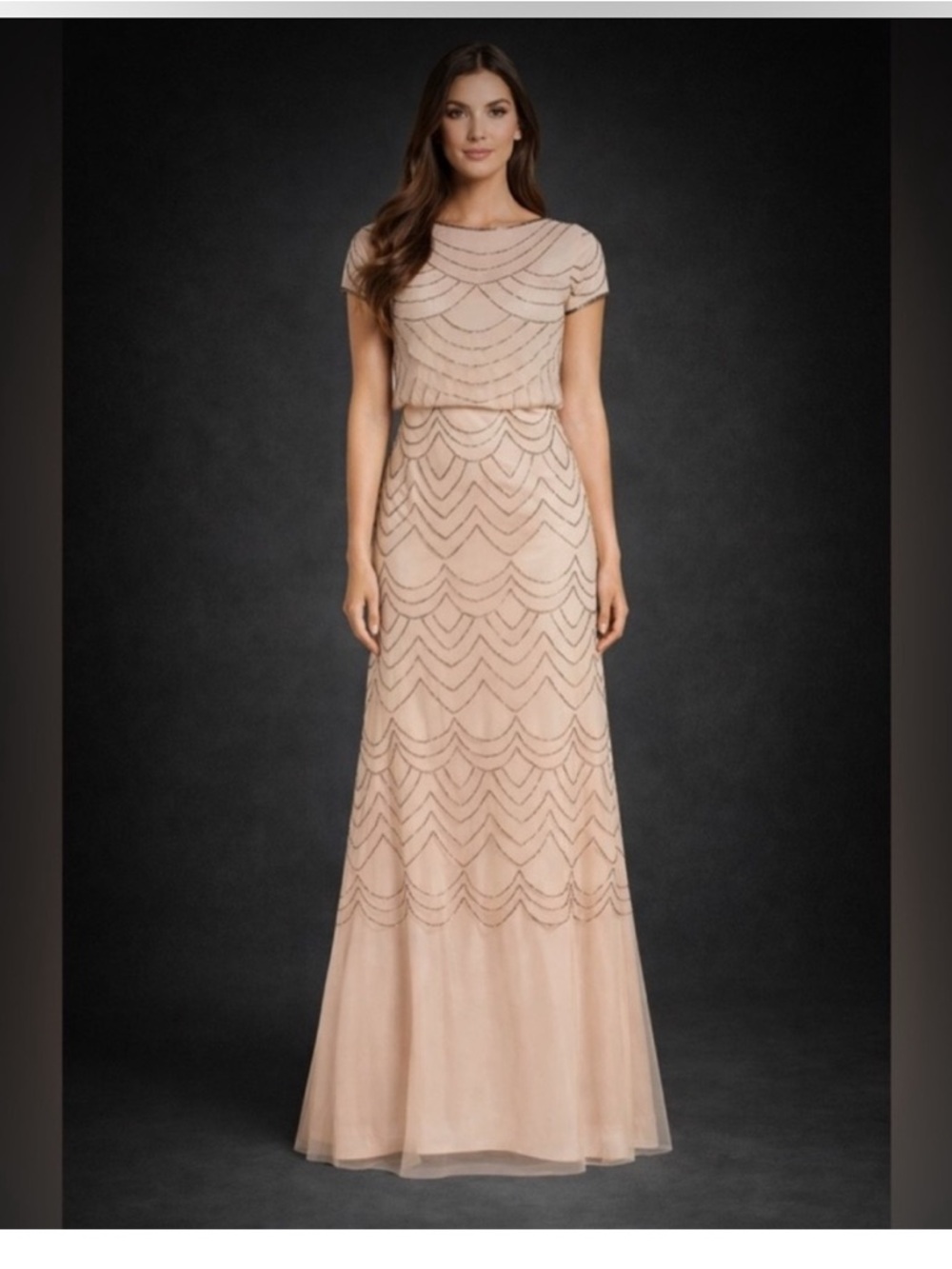 Adrianna Papell Blush Beaded Mesh Gown Short Sleeve Formal Dress SZ 2P MOB GALA